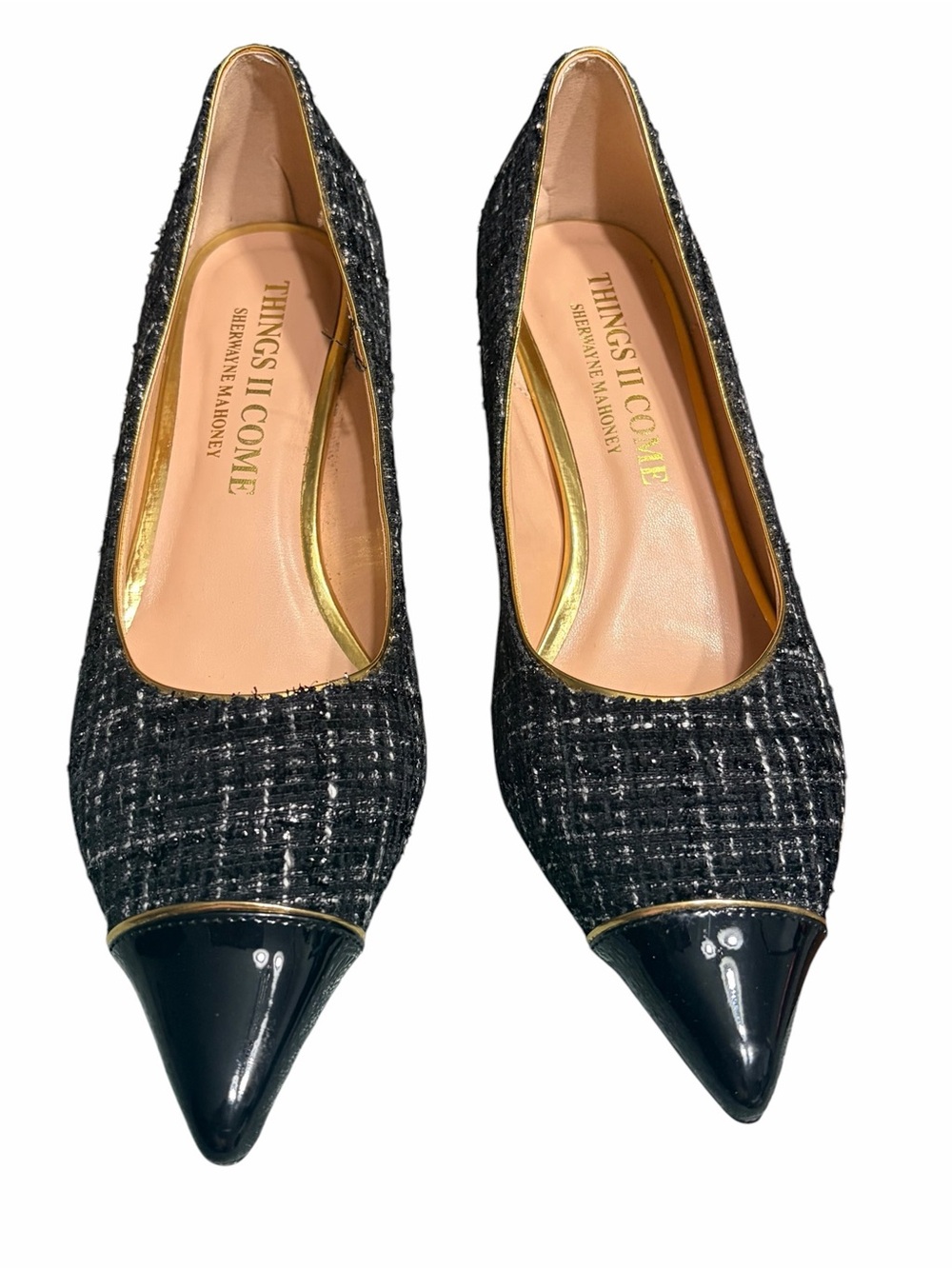 By Sheri Anne Mahoney Black Tweed Pointed-Toe Flats with Patent Cap